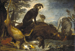 Hunde bei einem erlegten Wildschwein und Reh