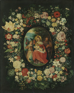 Die Heilige Familie in einer Blumengirlande