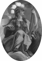 Allegorie der Beständigkeit (Sitzende Frauengestalt, die rechte Hand auf einer Säule ruhend, in der linken ein Speer; ihr zur linken ein Löwe)