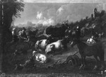 Herde mit stehendem Pferd und zwei Hirten in einer Ruinenlandschaft